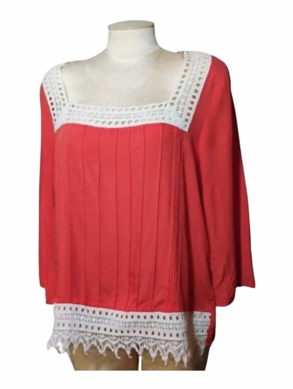 Umgee Coral Lace Trim Peasant Blouse L Boho Pintuck Crochet Top